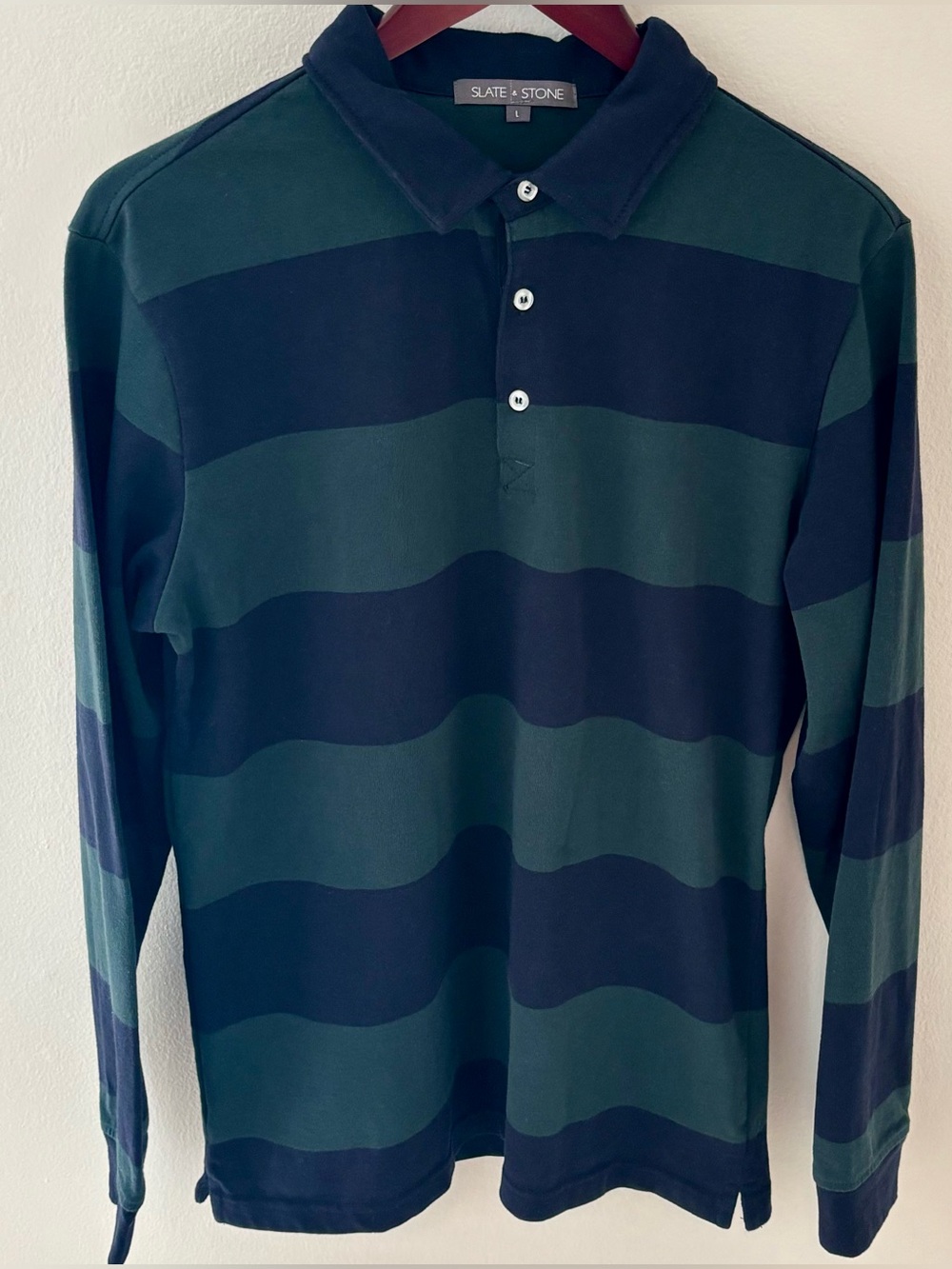 Slate & Stone Men's Rugby Shirt Navy Green Striped Long Sleeve Polo L 90s Preppy